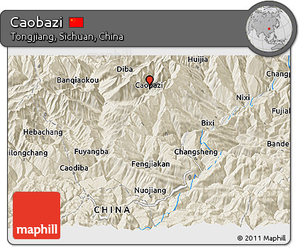 Shaded Relief Panoramic Map of Caobazi