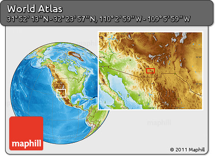 Physical Location Map of the Area around 32° 8' 5" N, 109° 34' 29" W