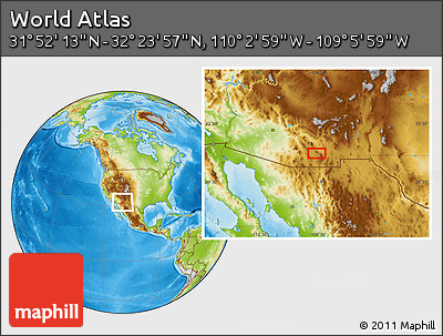 Physical Location Map of the Area around 32° 8' 5" N, 109° 34' 29" W