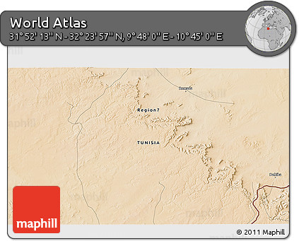 Satellite 3D Map of the Area around 32° 8' 5" N, 10° 16' 30" E