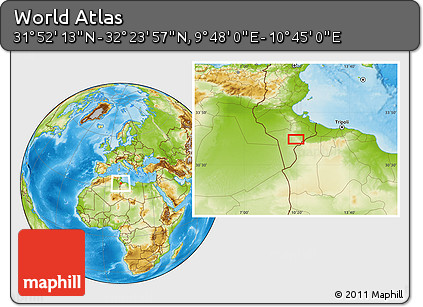 Physical Location Map of the Area around 32° 8' 5" N, 10° 16' 30" E