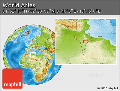Physical Location Map of the Area around 32° 8' 5" N, 10° 16' 30" E