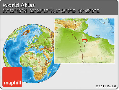 Physical Location Map of the Area around 32° 8' 5" N, 10° 16' 30" E