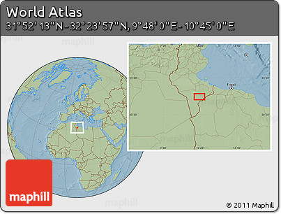 Savanna Style Location Map of the Area around 32° 8' 5" N, 10° 16' 30" E, hill shading