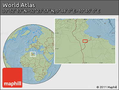 Savanna Style Location Map of the Area around 32° 8' 5" N, 10° 16' 30" E, hill shading