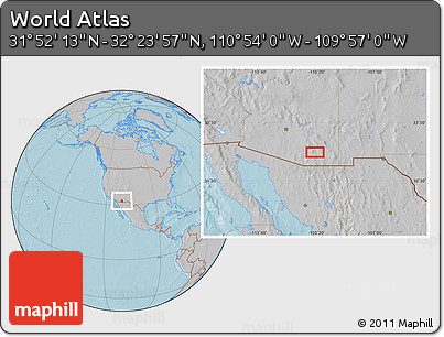 Gray Location Map of the Area around 32° 8' 5" N, 110° 25' 30" W, hill shading