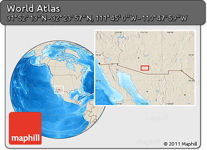 Shaded Relief Location Map of the Area around 32° 8' 5" N, 111° 16' 30" W