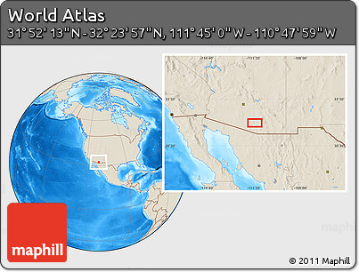 Shaded Relief Location Map of the Area around 32° 8' 5" N, 111° 16' 30" W