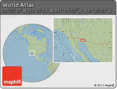 Savanna Style Location Map of the Area around 32° 8' 5" N, 113° 49' 29" W, hill shading