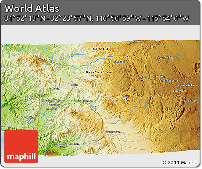 Physical 3D Map of the Area around 32° 8' 5" N, 116° 22' 30" W