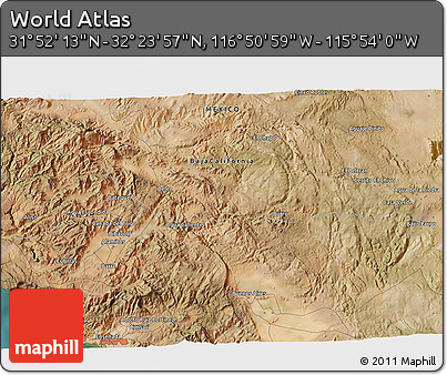 Satellite 3D Map of the Area around 32° 8' 5" N, 116° 22' 30" W