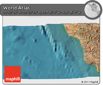 Satellite 3D Map of the Area around 32° 8' 5" N, 117° 13' 29" W