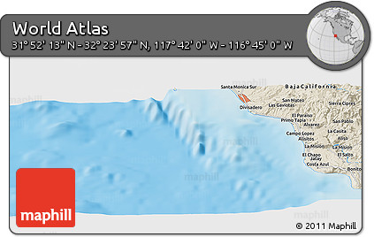 Shaded Relief Panoramic Map of the Area around 32° 8' 5" N, 117° 13' 29" W