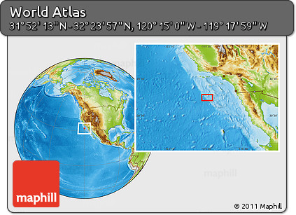 Physical Location Map of the Area around 32° 8' 5" N, 119° 46' 30" W