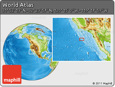 Physical Location Map of the Area around 32° 8' 5" N, 119° 46' 30" W