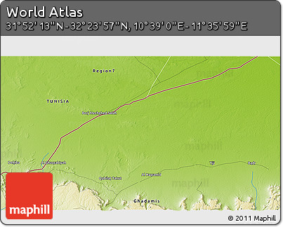 Physical 3D Map of the Area around 32° 8' 5" N, 11° 7' 30" E