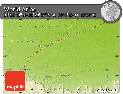Physical Map of the Area around 32° 8' 5" N, 11° 7' 30" E