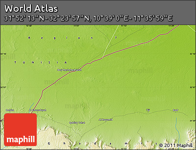 Physical Map of the Area around 32° 8' 5" N, 11° 7' 30" E