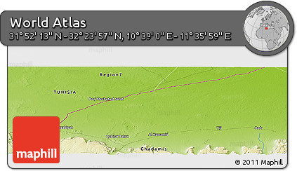 Physical Panoramic Map of the Area around 32° 8' 5" N, 11° 7' 30" E