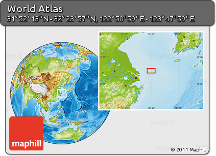 Physical Location Map of the Area around 32° 8' 5" N, 123° 19' 29" E
