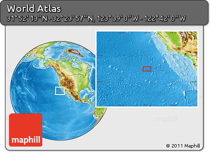 Physical Location Map of the Area around 32° 8' 5" N, 123° 10' 30" W