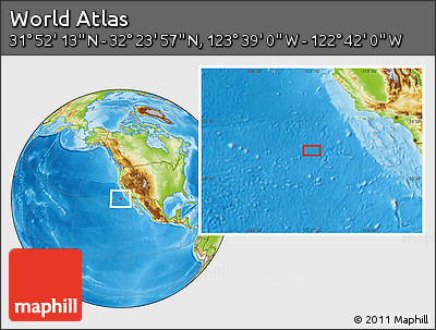 Physical Location Map of the Area around 32° 8' 5" N, 123° 10' 30" W