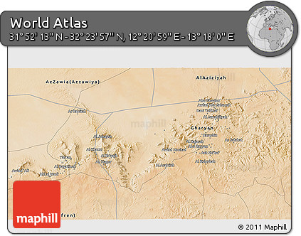 Satellite 3D Map of the Area around 32° 8' 5" N, 12° 49' 29" E