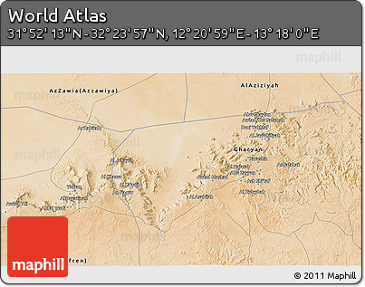 Satellite 3D Map of the Area around 32° 8' 5" N, 12° 49' 29" E