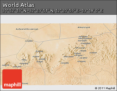 Satellite 3D Map of the Area around 32° 8' 5" N, 12° 49' 29" E