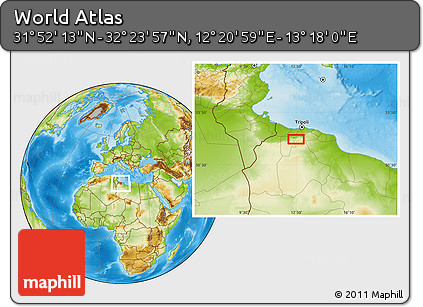 Physical Location Map of the Area around 32° 8' 5" N, 12° 49' 29" E