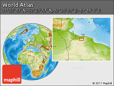 Physical Location Map of the Area around 32° 8' 5" N, 12° 49' 29" E