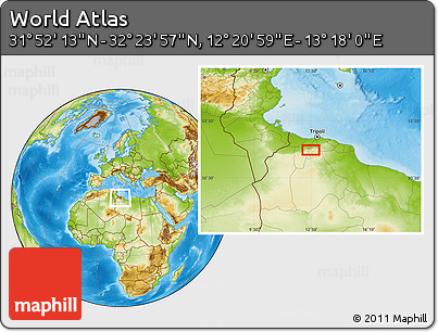 Physical Location Map of the Area around 32° 8' 5" N, 12° 49' 29" E
