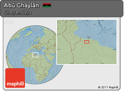 Savanna Style Location Map of Abū Ghaylān, hill shading