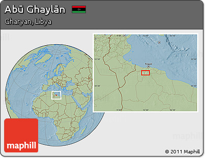 Savanna Style Location Map of Abū Ghaylān, hill shading
