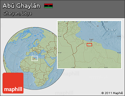 Savanna Style Location Map of Abū Ghaylān, hill shading