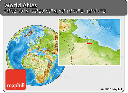 Physical Location Map of the Area around 32° 8' 5" N, 13° 40' 30" E