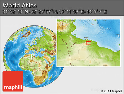 Physical Location Map of the Area around 32° 8' 5" N, 13° 40' 30" E