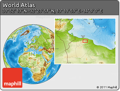 Physical Location Map of the Area around 32° 8' 5" N, 13° 40' 30" E