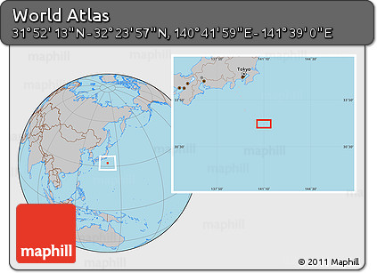 Gray Location Map of the Area around 32° 8' 5" N, 141° 10' 30" E