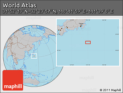 Gray Location Map of the Area around 32° 8' 5" N, 141° 10' 30" E