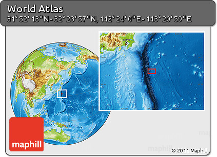 Physical Location Map of the Area around 32° 8' 5" N, 142° 52' 30" E