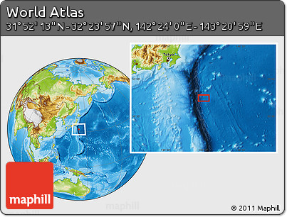 Physical Location Map of the Area around 32° 8' 5" N, 142° 52' 30" E