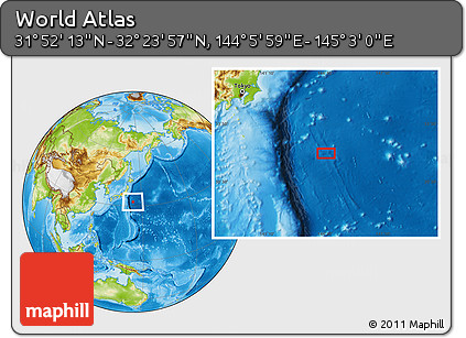 Physical Location Map of the Area around 32° 8' 5" N, 144° 34' 29" E
