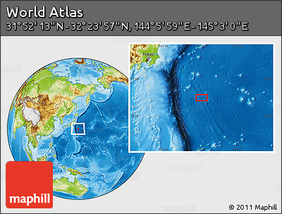 Physical Location Map of the Area around 32° 8' 5" N, 144° 34' 29" E