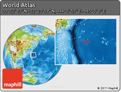 Physical Location Map of the Area around 32° 8' 5" N, 144° 34' 29" E