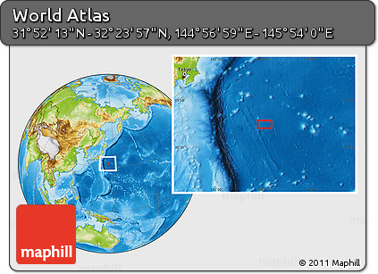 Physical Location Map of the Area around 32° 8' 5" N, 145° 25' 30" E