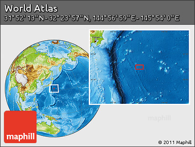 Physical Location Map of the Area around 32° 8' 5" N, 145° 25' 30" E