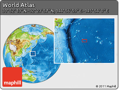 Physical Location Map of the Area around 32° 8' 5" N, 145° 25' 30" E
