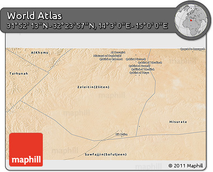 Satellite 3D Map of the Area around 32° 8' 5" N, 14° 31' 30" E