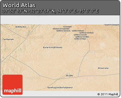 Satellite 3D Map of the Area around 32° 8' 5" N, 14° 31' 30" E